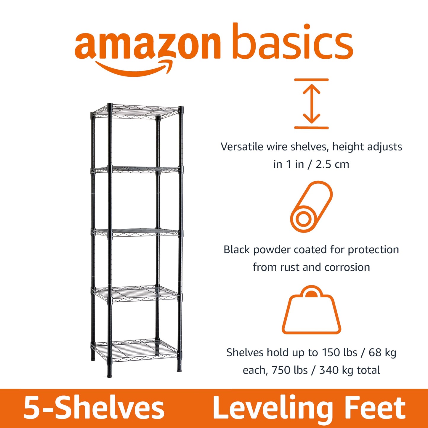 Amazon Basics 3-Shelf Adjustable Heavy Duty Steel Wire Rack Storage Shelving Organizer for Kitchen, Garage, 23.2" L x 13.4" W x 30" H, Black