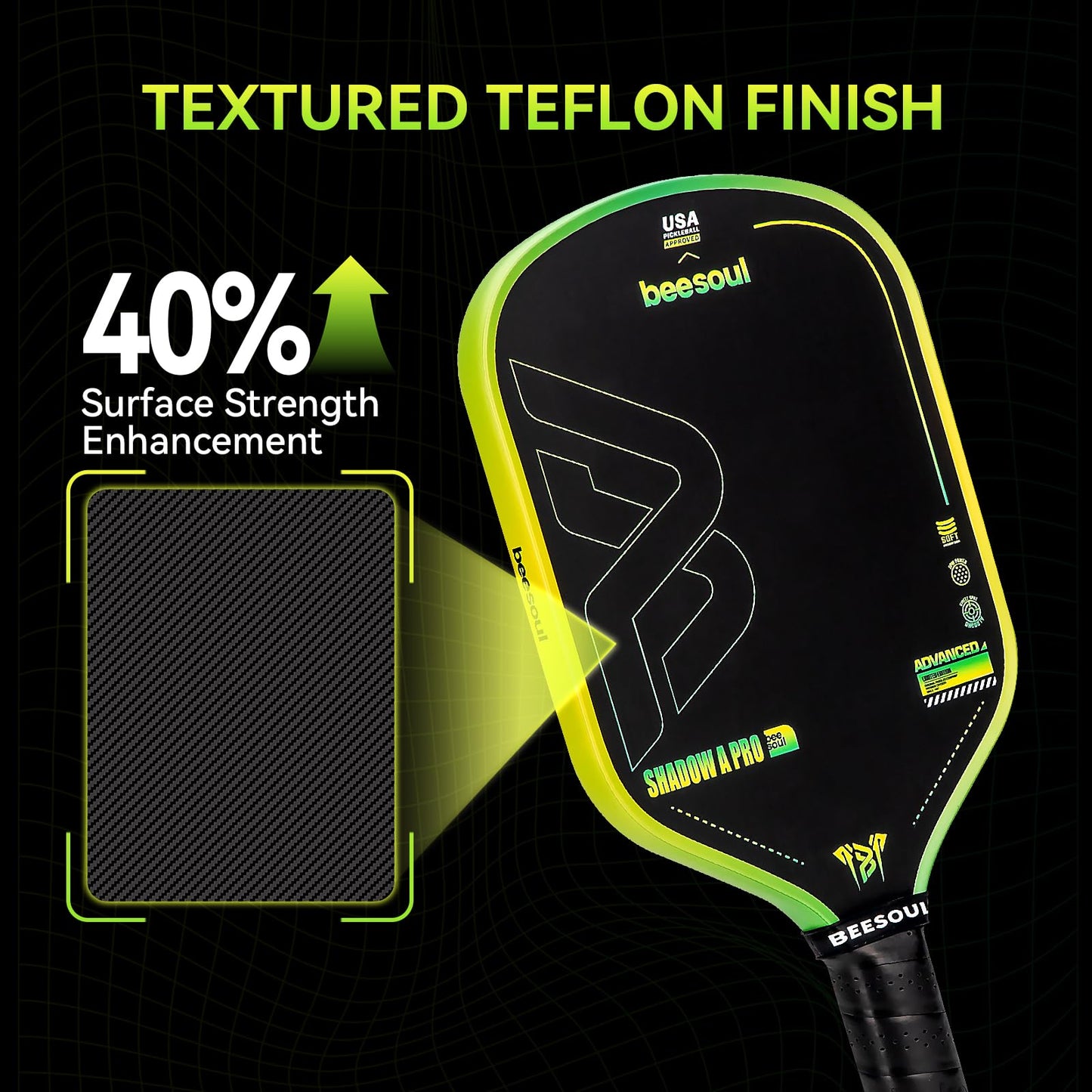 Beesoul Professional Pickleball Paddles – 4th Gen Thermoformed Core– Charged Surface Technology for Power & Feel – T800 Carbon Fiber – USAPA Approved - NFC Chip