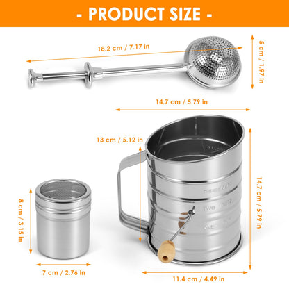 Large Handheld Rotary Flour Sifter Set – Stainless Steel Hand-Crank Sifter with Baking Sifter, Powder Sugar Duster, Shaker Cup & Sifter Stick for Cakes, Bread & Pastry