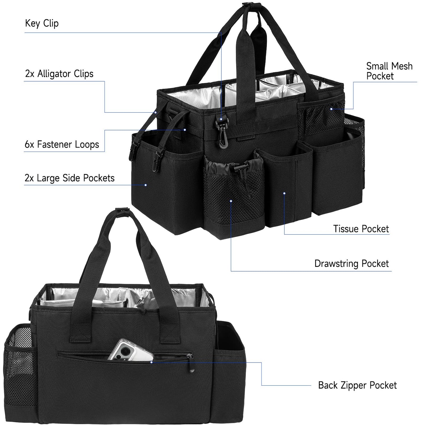 Cleaning Caddy Bag, Cleaning Supplies Organizer for Housekeepers, Housekeeping Caddy with Handle and Detachable Padded Cushion, Black