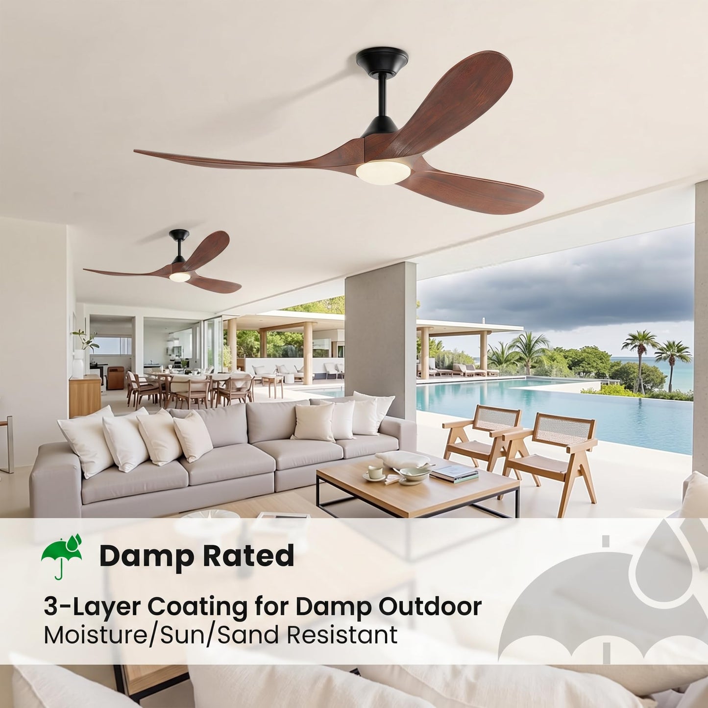 Wall Switch-60 inch Outdoor Ceiling Fan with Light Remote for Patios, Wet Rated Wood 3-Blade Propeller Ceiling Fans, Smart APP, High CFM 6-Speed DC Motor for Exterior Indoor, 3 LED Glass Lamp, Walnut
