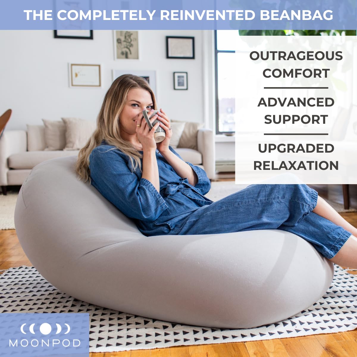 The Moon Pod Bean Bag Chair - Large, Modern Beanbag for Adults, Kids and Teens. Washable Stretch Cover Filled with Thousands of High Density Micro-Beads (Light Blue).