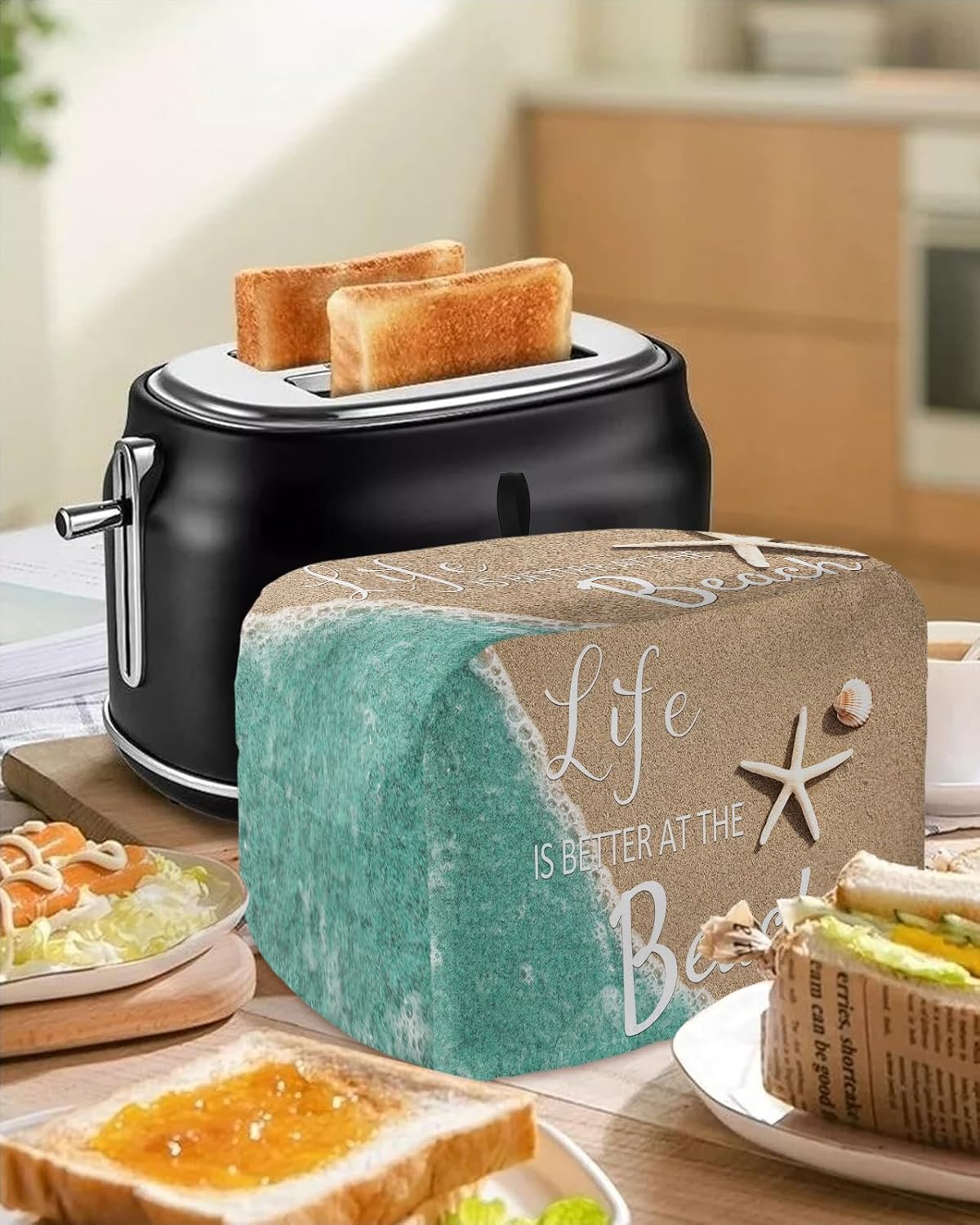 Toaster Cover, Life is Better at The Beach 2 Slice, Ocean Nautical Coastal Starfish with Loop, Polyester Dust Cover