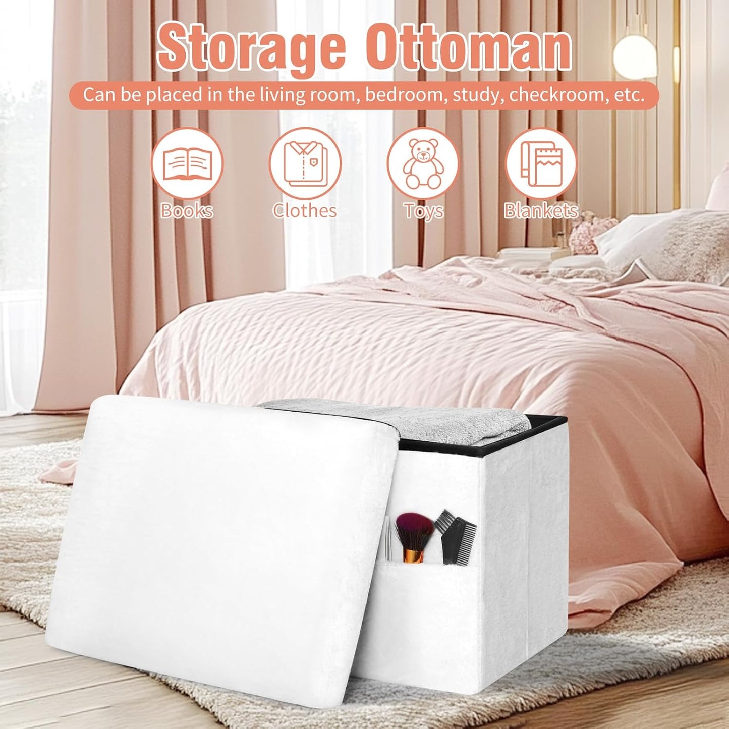 300 lbs, 17x13x13IN Storage Ottoman Cube, Small Ottoman with Storage with Thicker Furry Padded Seat. Folding Soft Fur