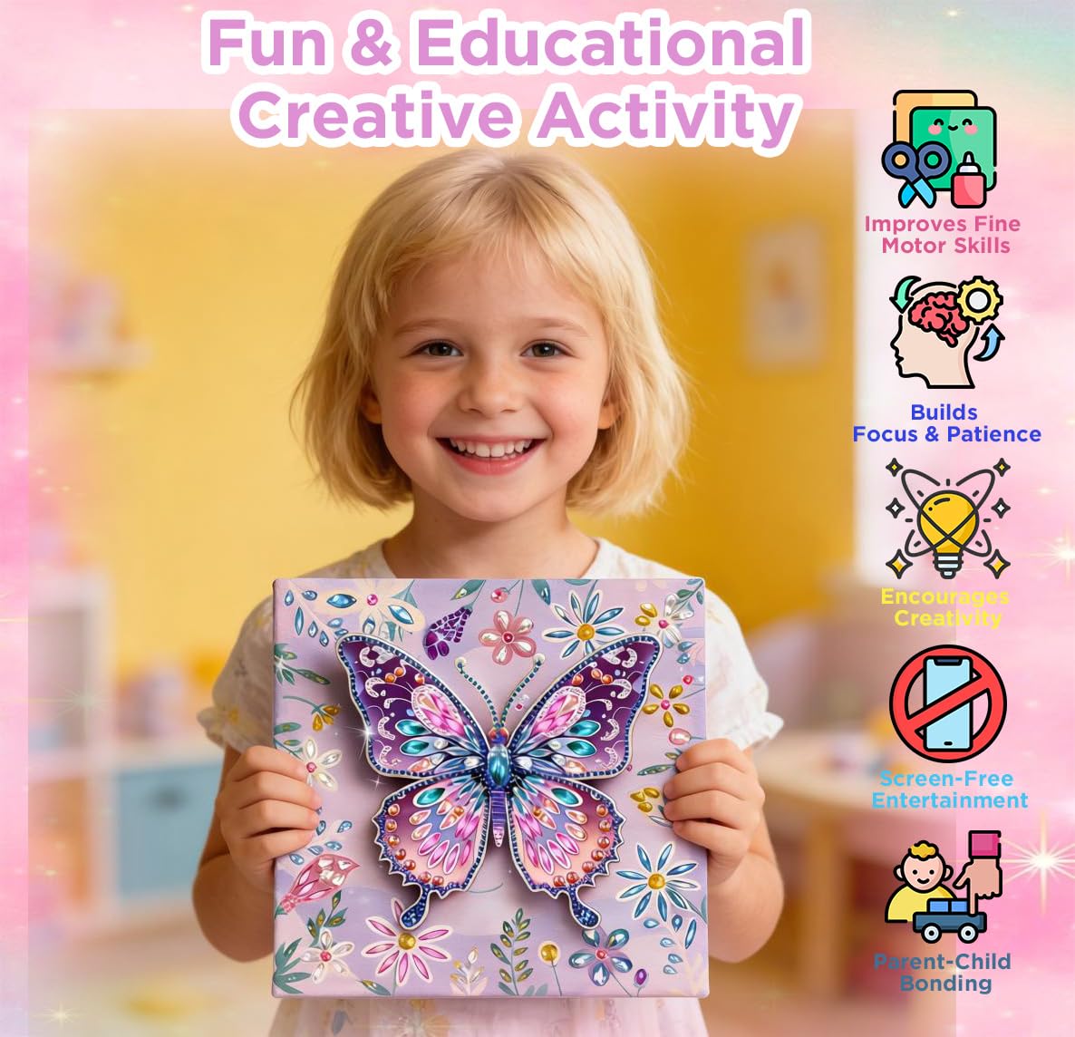 ZEHYRNE Arts and Crafts for Kids, Sparkling 3D Butterfly Diamond Art Kits for Girls 8-12 6-8, DIY Gem Art as Children's Day & Birthday Gift丨Bedroom Decoration with Wooden Stand (Purple)