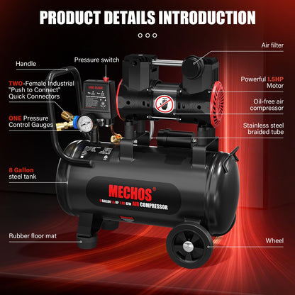 Portable Air Compressor with 8 Gallon Steel Tank, 1.5 HP 2.85 CFM @ 90 PSI, 116 Max PSI Oil-Free Air Compressor for Garage, Home Use, Tire Inflation, Nail Gun, DIY Projects,110V