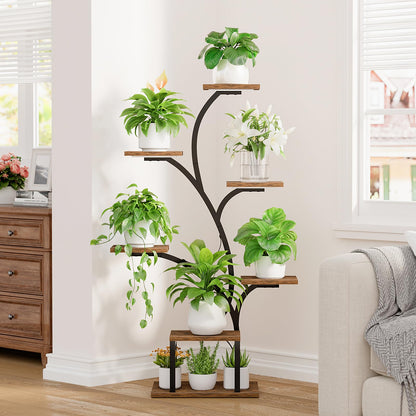 BACEKOLL Plant Stand Indoor with Grow Lights, 7 Tiered Indoor Plant Shelf, 49" Corner Plant Stands for Indoor Plants, Metal Plant Flower Display Shelf, Tree-Shaped Plant Rack for Home, Patio, Brown