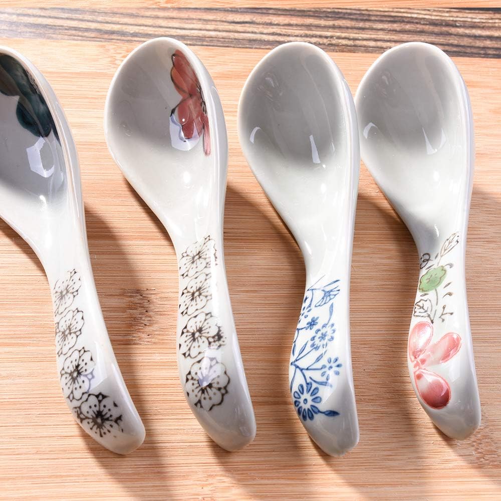 Japanese Soup Spoons Set of 4, Asian Ceramic Ramen Spoons