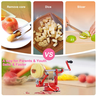 Apple Peeler, Slicer Corer Potato Peelers 3 In 1, Stainless Steel Heavy Duty with Suction Cup Base And 3 Extra Blades (Red)