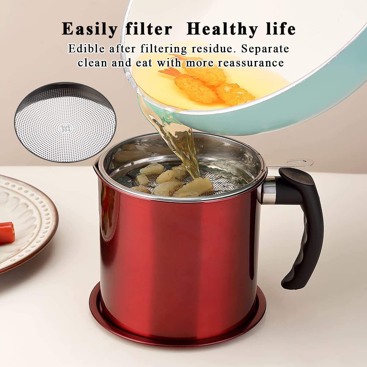 Kyraton Bacon Grease Container With Strainer, 48 oz Metal Shining Red Stainless Steel Oil Container, Pot Fat Storage With Lid, Easy Grip Handle Suitable For Storing Frying Oil And Cooking Grease