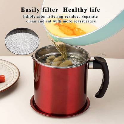Kyraton Bacon Grease Container With Strainer, 48 oz Metal Shining Red Stainless Steel Oil Container, Pot Fat Storage With Lid, Easy Grip Handle Suitable For Storing Frying Oil And Cooking Grease