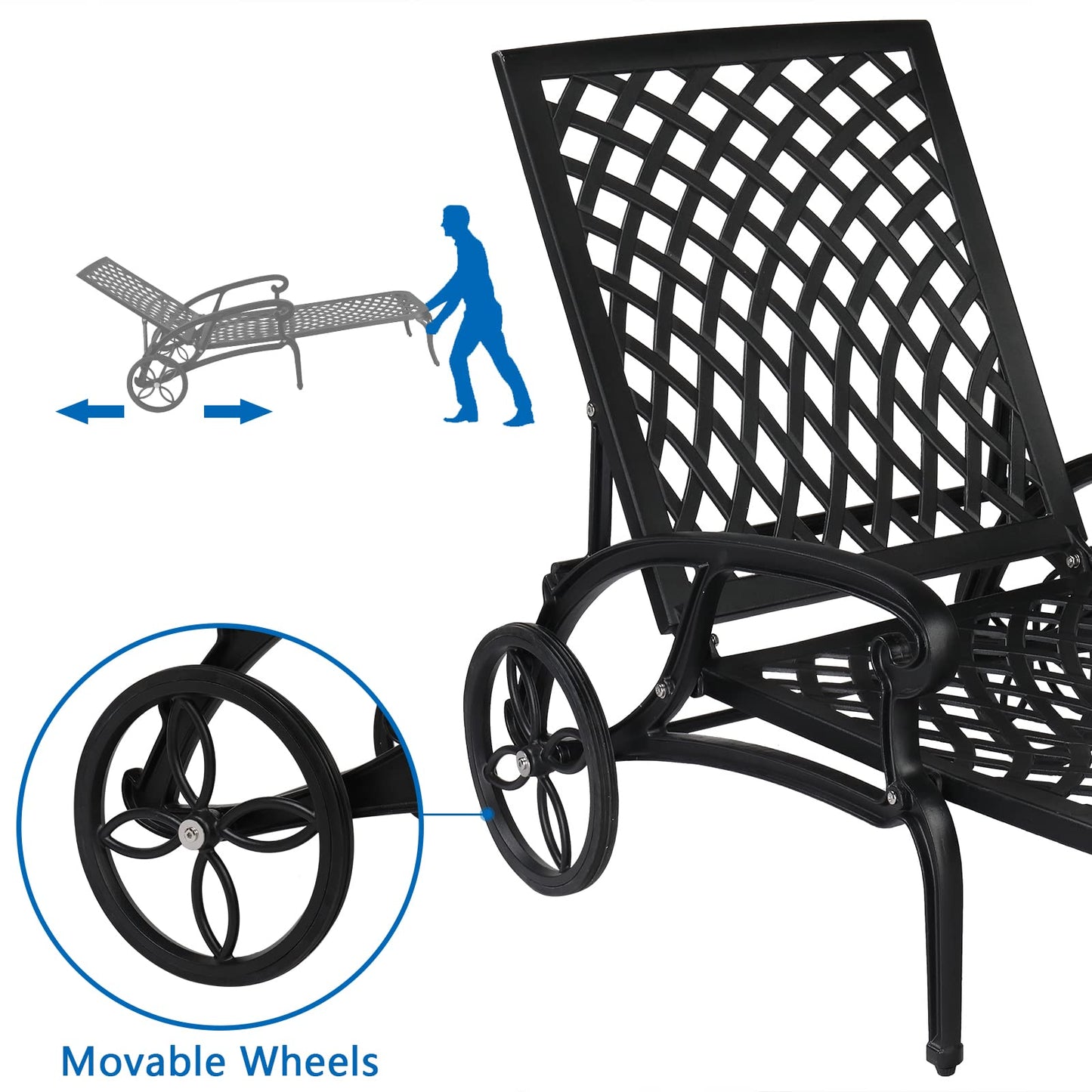 VINGLI Cast Aluminum Outdoor Chaise Lounge Chair with Wheels, Patio Chaise Lounges with 3-Position Adjustable Backrest, Pool Lounge Chair Reclining Chairs for Poolside Tanning (1, Black)