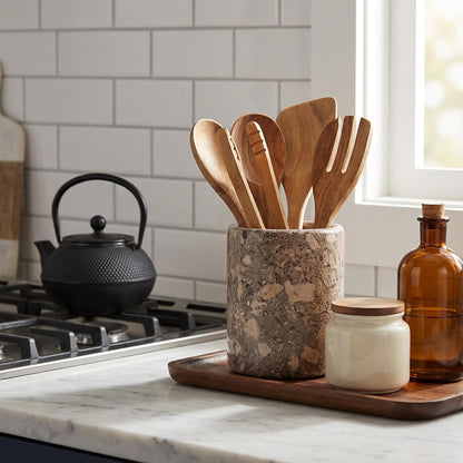 Radicaln Marble Utensil Holder 6.5" Inches Oceanic Handmade Spatula Set for Kitchen Counter, Marble Cooking Utensils Jar & Kitchen Essentials Organizer, Ideal Utensil Caddy, Spoon Holder