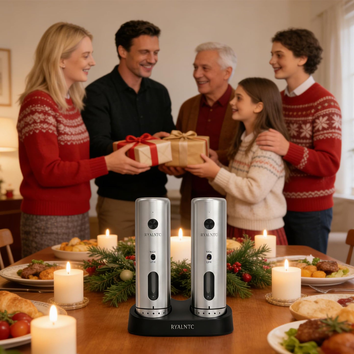 RYALNTC Electric Salt and Pepper Grinder Set with Rechargeable Base Upgraded Stainless Steel Automatic Salt and Pepper Shakers,Upgraded 2-Speed Setting,External 6 Adjustable Coarseness with LED Light