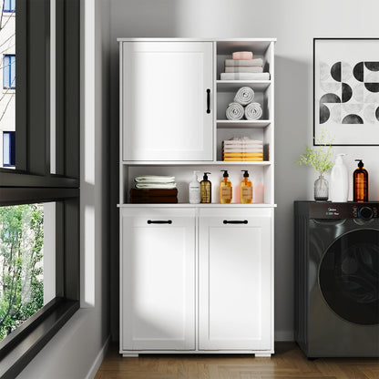 Tall Laundry Cabinet with Double Tilt Out Laundry Hamper, Freestanding Floor Bathroom Cabinet with 12 * 2 Gallon Laundry Storage Basket for Bathroom, Kitchen, White