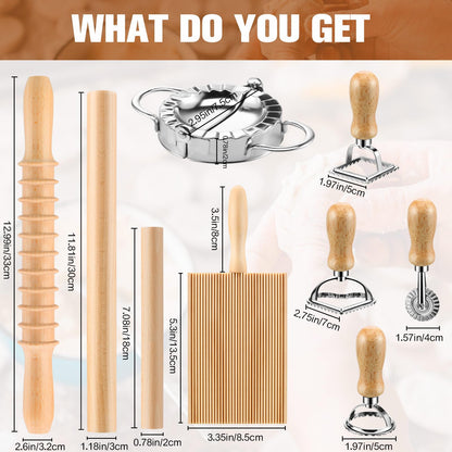 9 Pcs Gnocchi Pasta Making Tools kit - Gnocchi Board, Pasta Cutter, Ravioli Stamp, Wood Threaded Pasta Roller Pin Set, Noodle and Dumplings Maker, Homemade Kitchen Gift for Pasta Lovers