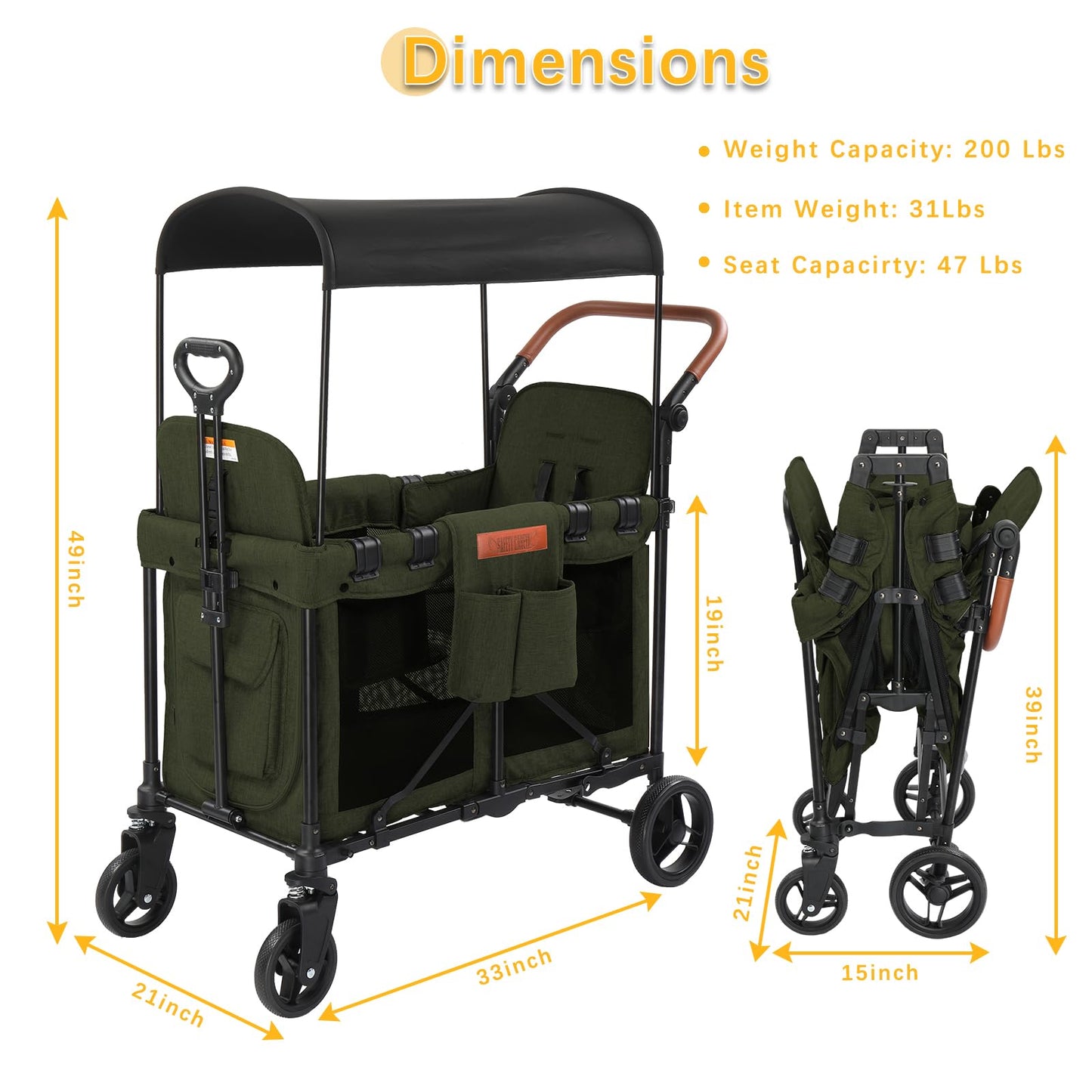 Wagon Stroller for 2 Kids, Foldable All-Terrain Wagon for Kids with Canopy, Adjustable Push and Pull Handles,Convertible High Seat & Organizer, 5 Point Harness