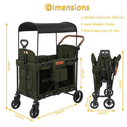 Wagon Stroller for 2 Kids, Foldable All-Terrain Wagon for Kids with Canopy, Adjustable Push and Pull Handles,Convertible High Seat & Organizer, 5 Point Harness