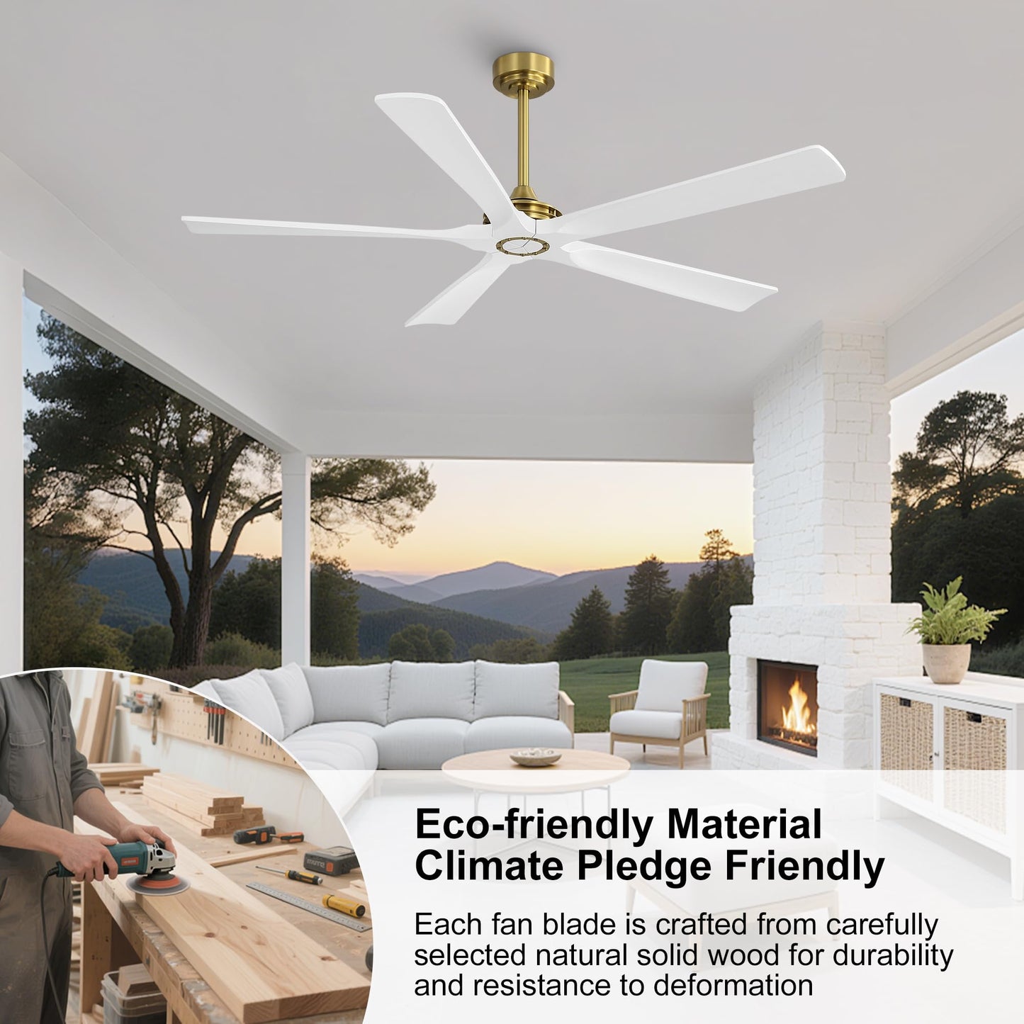 WINGBO 60 Inch Ceiling Fan without Light - 5 Carved Solid Wood Blades, 6-Speed Reversible DC Motor, Noiseless Remote Control Ceiling Fan No Light for Bedroom Living Room Kitchen, Gold and White