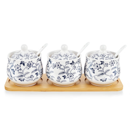 fanquare Blue and White Floral Ceramic Sugar Bowl with Lid, Spoon and Tray, Coffee Sugar Canister Set of 3, Seasoning Box Salt Bowl for Kitchen, 9.5 Ounces