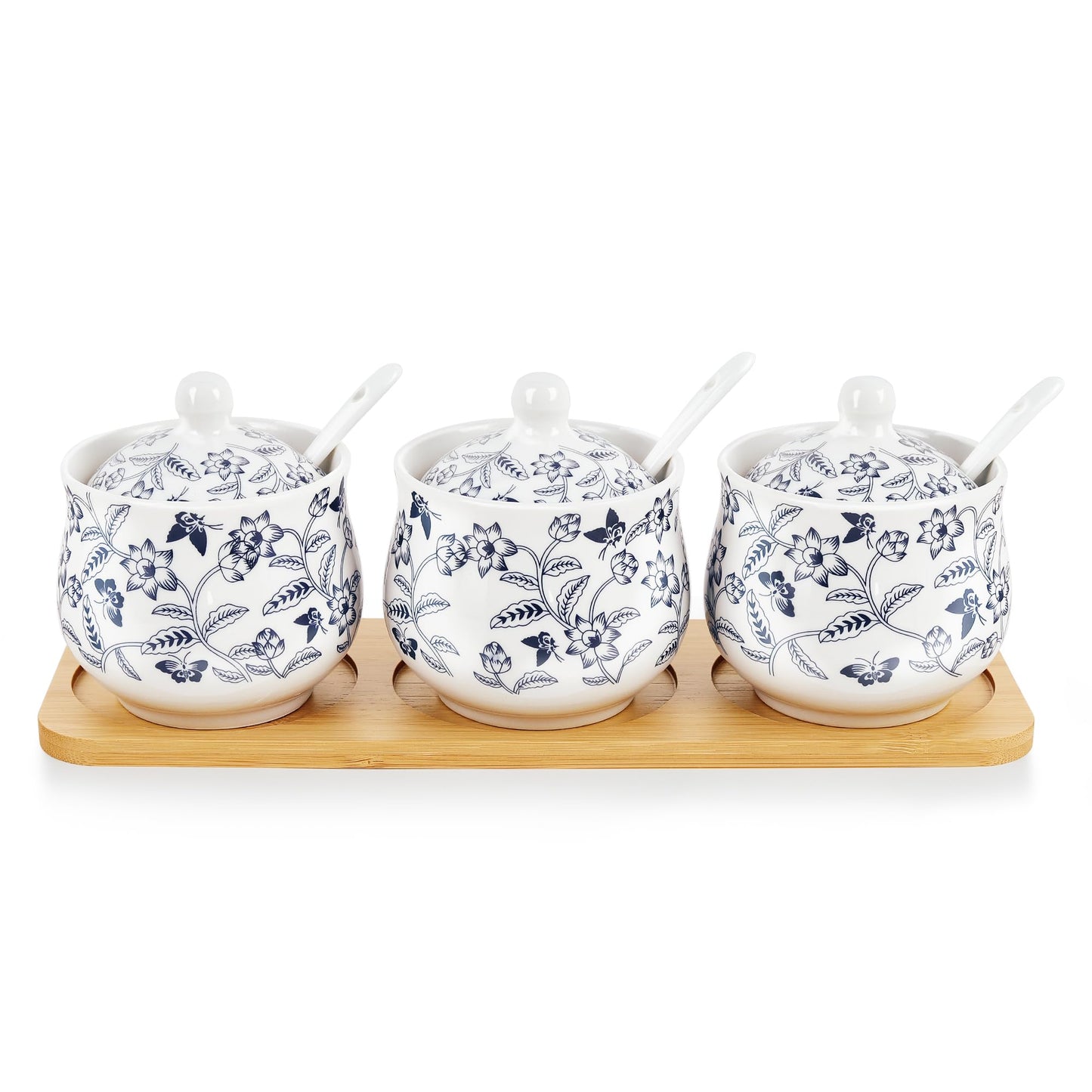 fanquare Blue and White Floral Ceramic Sugar Bowl with Lid, Spoon and Tray, Coffee Sugar Canister Set of 3, Seasoning Box Salt Bowl for Kitchen, 9.5 Ounces