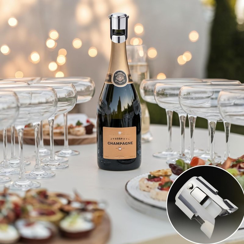 2 Pcs Champagne Stoppers - Premium Stainless Steel Reusable Champagne Bottle Stoppers with Locking Clamp - German Design Keep Bubbles Fresh for Prosecco, Cava, Sparkling Vine Stopper
