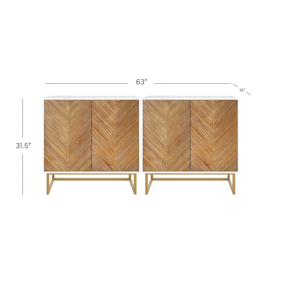 Nathan James Enloe Modern Storage Free Standing Accent Cabinet TV Stand with Doors in a Rustic Pine Wood Finish and Gold Metal Base for Hallway, Entryway or Living Room, Brown/White/Gold, Set of 2