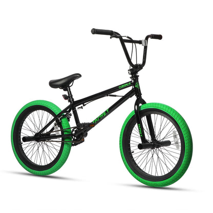 cubsala Freestyle BMX Bike, 20 Inch Yaphet Bicycle for Teen Beginner Adult Riders, Bike with 360° Rotating Handlebar and 4 pegs, Black with Green Tires