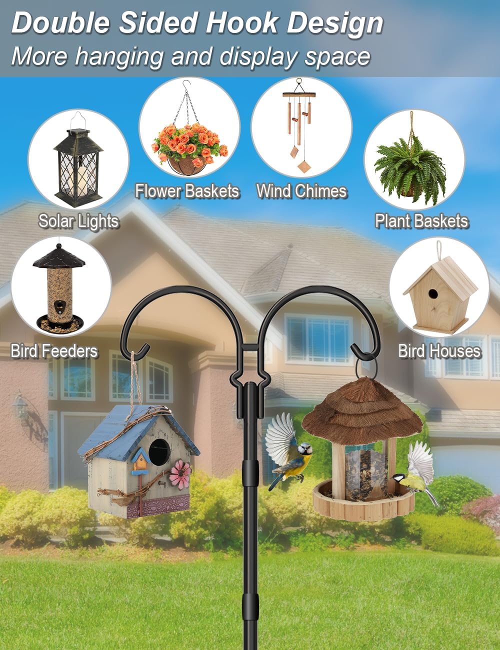 76 Inch 5 Hummingbird 2 Adjustable Double Shepherds Hooks for Outdoor with Sleeve, Heavy Duty Bird Feeder Pole Stand