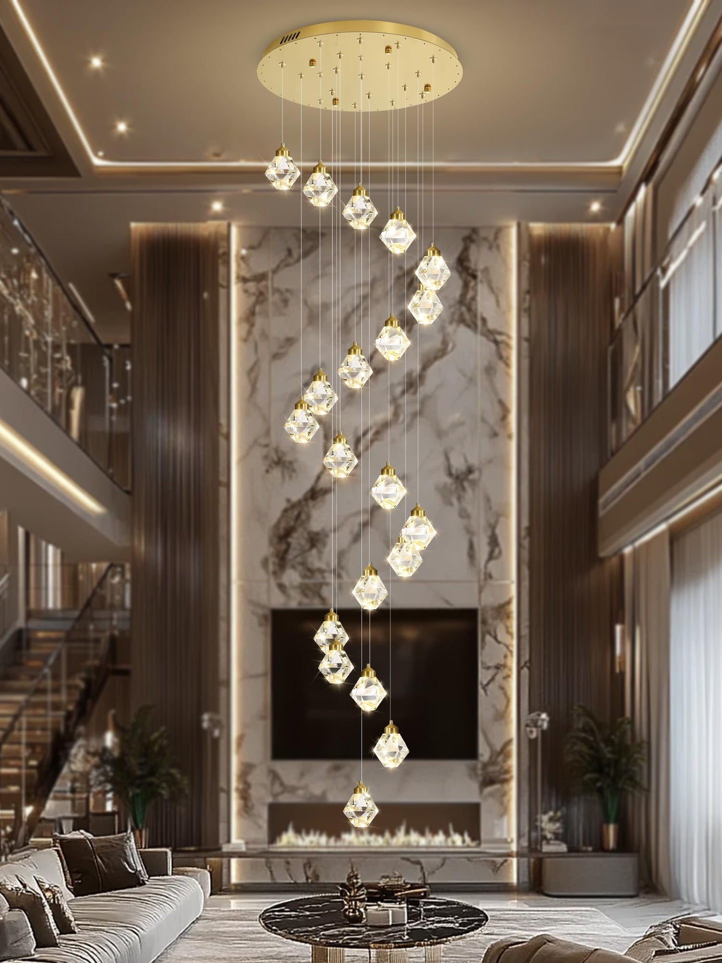H142in Foyer Chandelier Big Chandeliers for High Ceiling Gold Pendant Light Fixture 26-Lights Crystal Chandelier Lighting Fixture for Living Room Staircase Villa