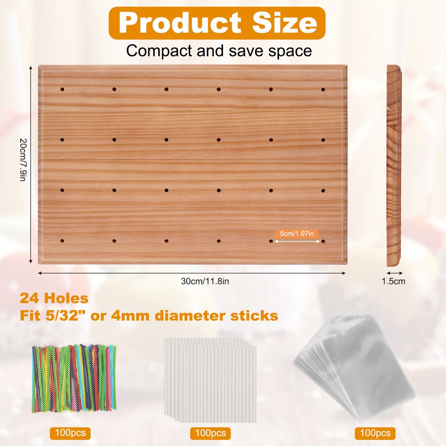 Wooden Cake Pop Stand for Drying, 24 Holes Cake Pop Display Stand with Sticks and Treat Bags, Wood Lollipop Holder for Party Anniversaries Holiday (Walnut, Stand+Sticks+Bags)
