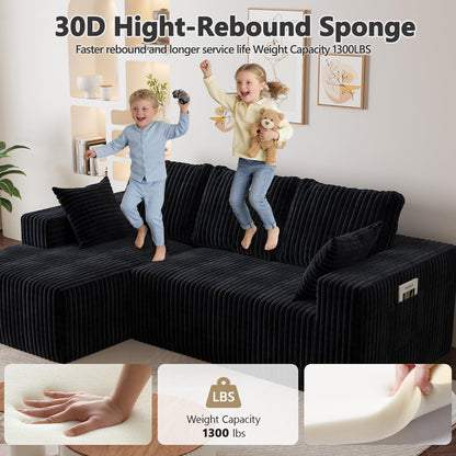 94" Sectional Couches for Living Room, Modular Sectional Sofa with L-Shape Chaise, Cloud Couch, Comfy Flannel Fluffy Couch with Pillows and Side Pockets NoAssembly (Black, Left Facing Chaise-96-inch)