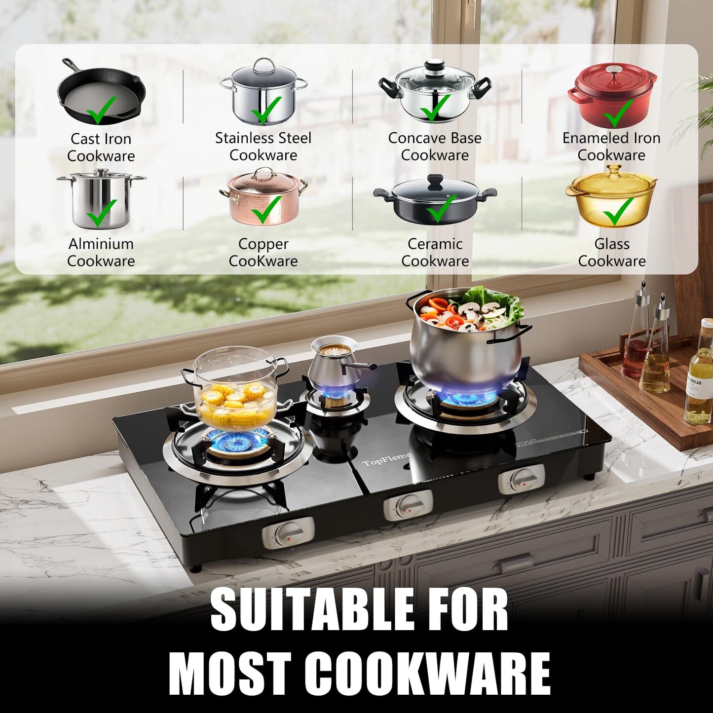 TopFleme 3 Burner Propane Stove 32,300 BTU High-Efficiency Tempered Glass Auto-Ignition Gas Burner Stove Top with CSA Hose for Outdoor RV Camping Emergency Cooking