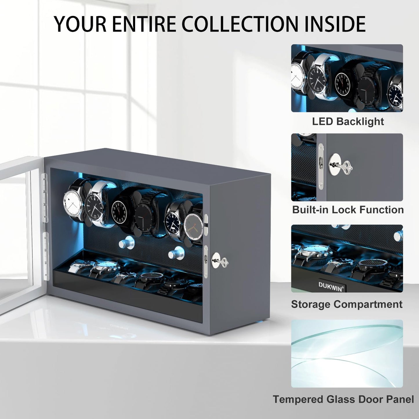 XTELARY Watch Winder for 6 Automatic Watches, Grey Lockable Automatic Winders with Extra 6 Watch Storages, 4 Rotation Modes, Flexible Watch Pillows, Quiet Mabuchi Motor, and Blue Backlight