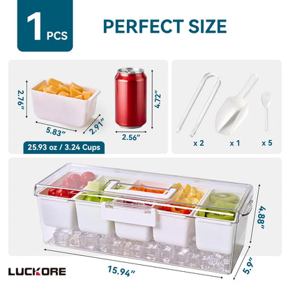 Luckore Chilled Condiment Caddy Server with 5 Removable Compartments Containers & Hidden Handle Design, Ice Chilled Condiment Tray Organizer, Clear Garnish Tray for Camping, Kitchen, Fruit, Salad