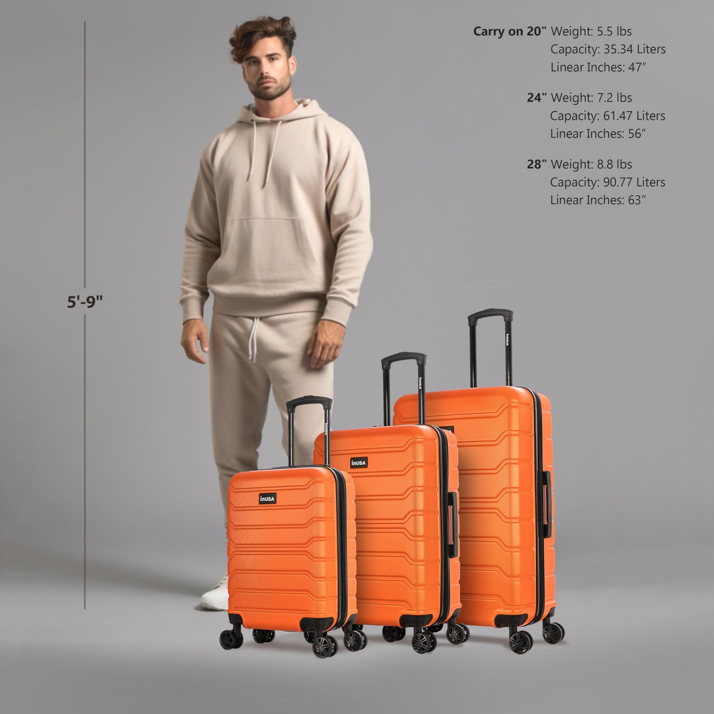 InUSA TREND Luggage with Spinner Wheels | Durable Lightweight Hardshell Suitcase,Travel sets with Handle and Trolley | (20in, 24in, 28in) 3 Piece Set | Orange