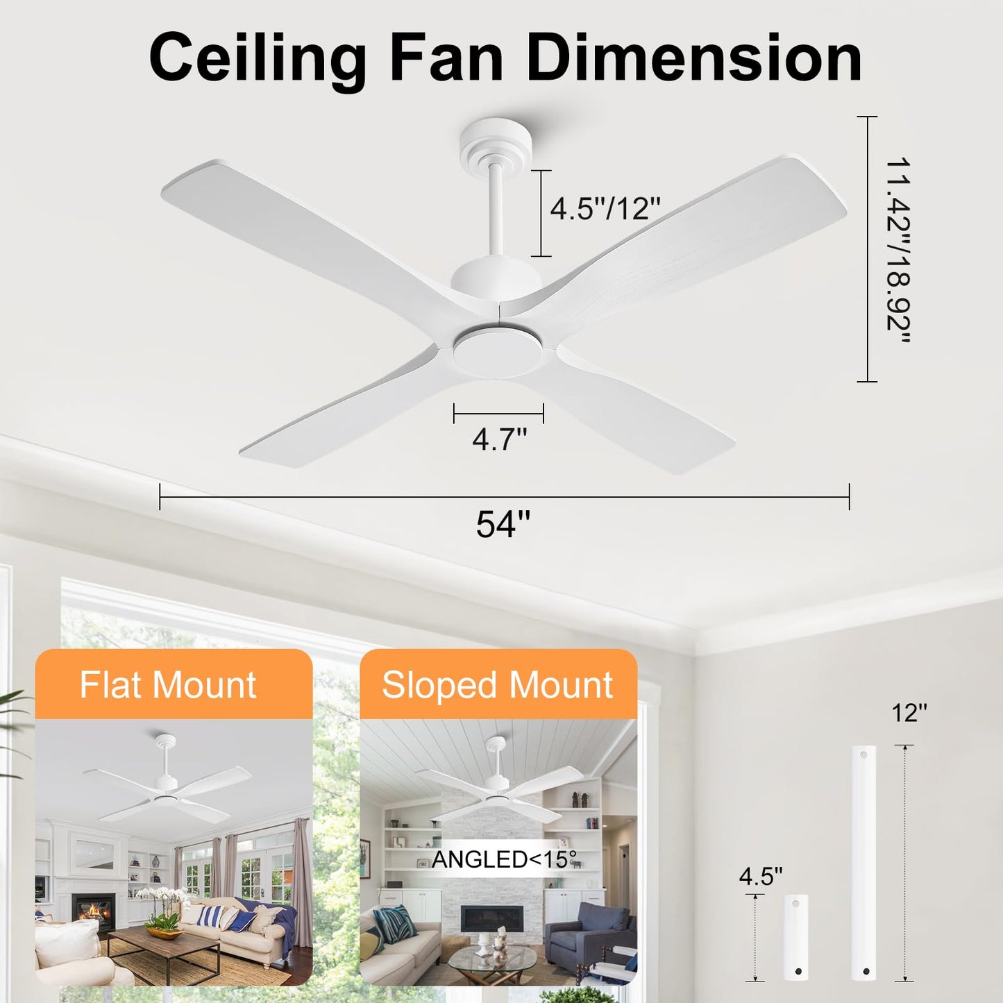 LEDLUX 54" Ceiling Fan without Lights -Modern Ceiling Fan no Light, 6-Speed Remote, 4 Solid Wood Blades, Quiet DC Motor, for Bedroom, Living Room, Outdoor, White