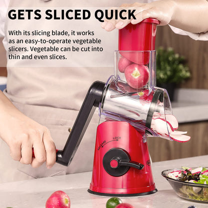 RIGSTNE Rotary Cheese Grater, 3 in 1 Cheese Shredder Grater Rotary with Handle, Vegetable Mandoline Slicer Shredder for Vegetable, Cheese, Nut