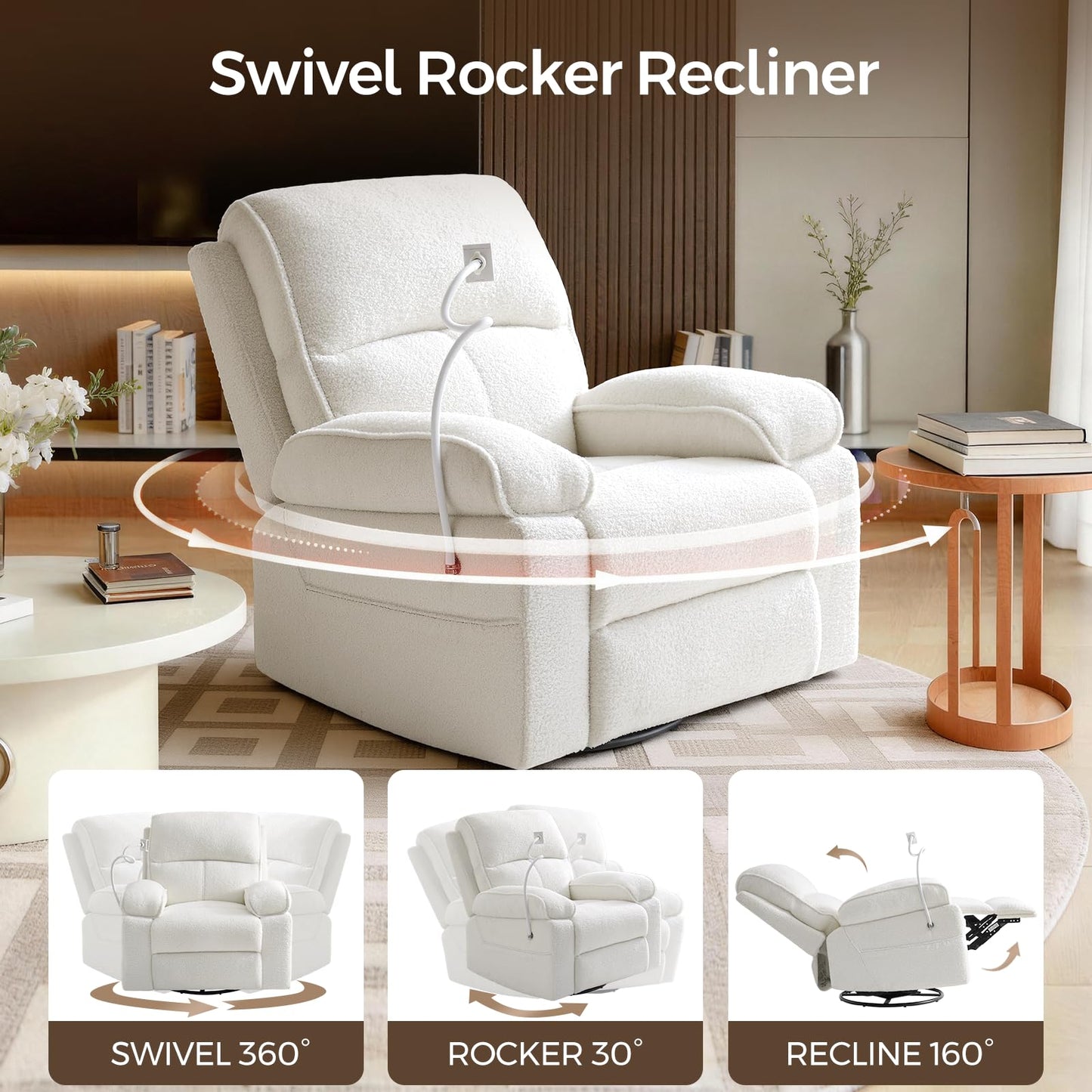 YuuYee Teddy Fleece 360° Swivel Rocker Recliner Nursery Rocking Chairs with Phone Holder Manual Gilder Recliner Chair with Wide Foot Rest for Living Room and Baby Room