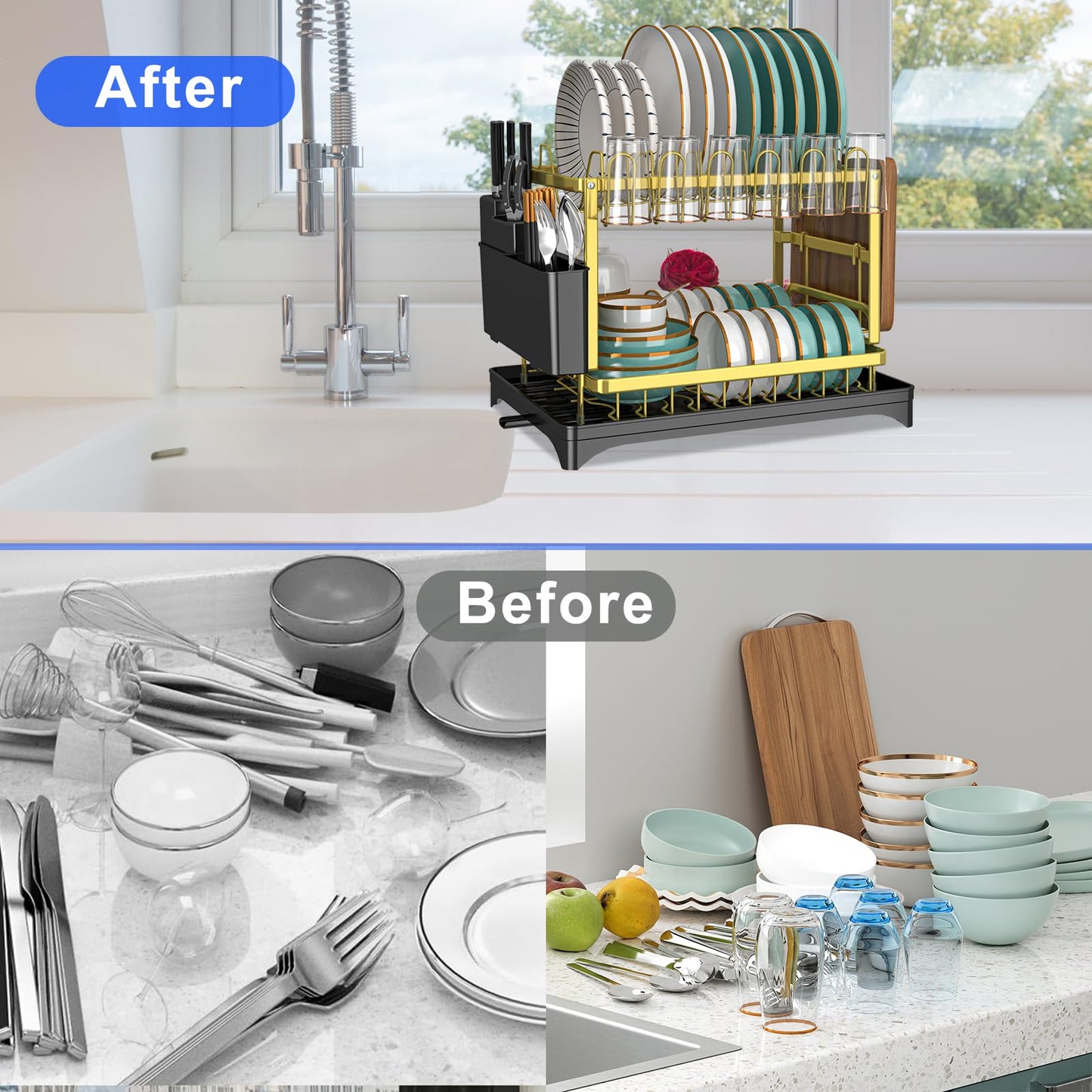 IBEDMAZIE Dish Drying Rack Gold, Multifunctional Dish Racks for Kitchen Counter with Drainboard 2 Tier Dish Drainer Large Capacity for Knifes/Cup/Cutting Board