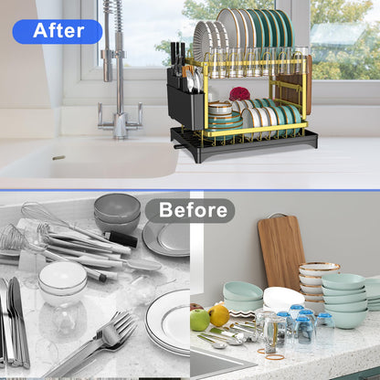 IBEDMAZIE Dish Drying Rack Gold, Multifunctional Dish Racks for Kitchen Counter with Drainboard 2 Tier Dish Drainer Large Capacity for Knifes/Cup/Cutting Board