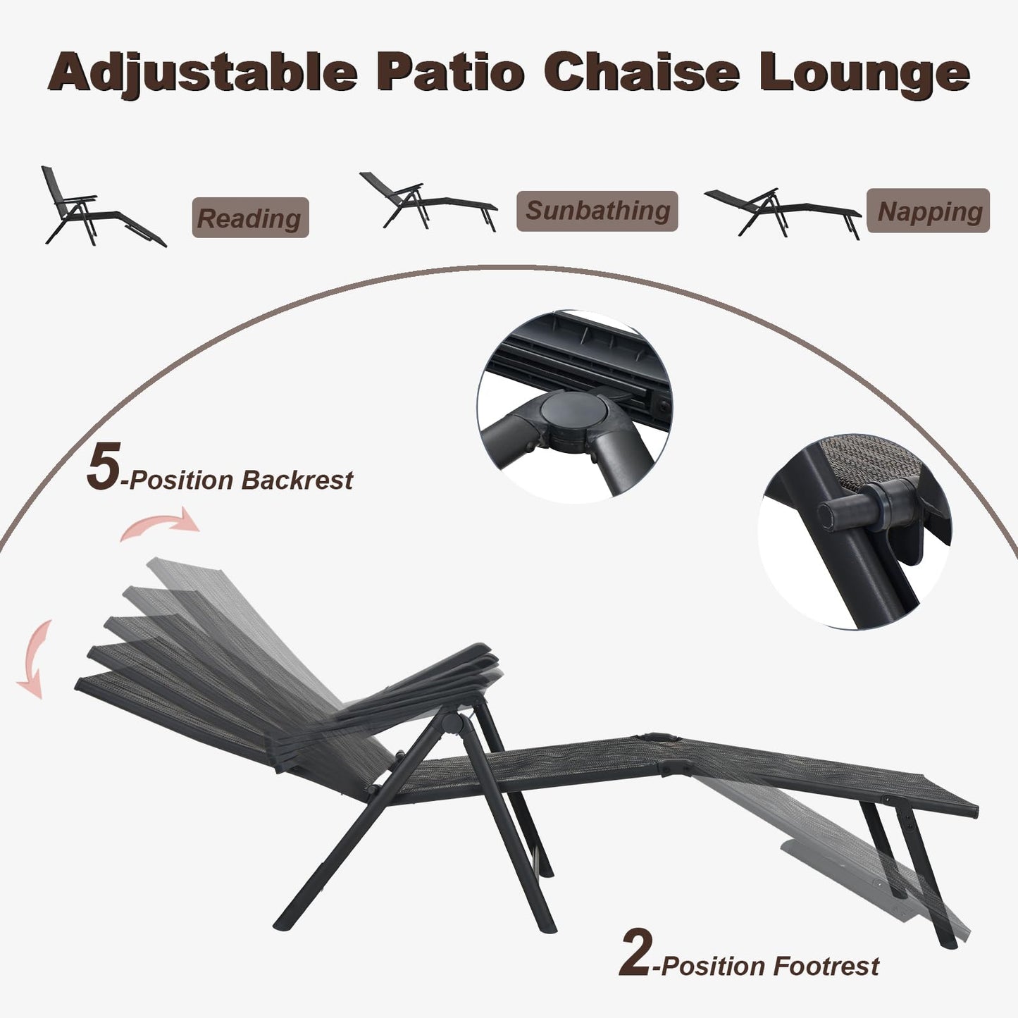 Multigot Folding Sun Lounger Set of 2, 5-Positions Adjustable Reclining Chaise Lounge Chair with 2-Level Footrest & Armrests, Steel Frame Outdoor Sunbed Deck Chair for Poolside Beach Camping (Gray)