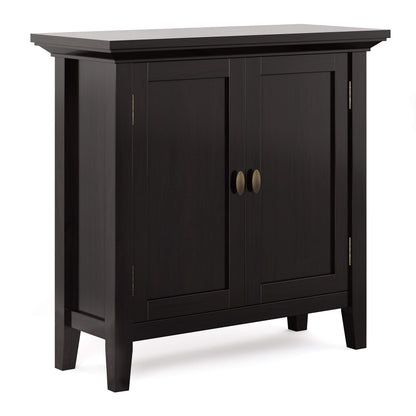 SIMPLIHOME Redmond Storage Cabinet - 32 inch Wide Solid Wood 2-Shelf Low Storage Cabinet in Hickory Brown, Transitional Accent Cabinet for Entryway with Adjustable Shelves and Tapered Legs