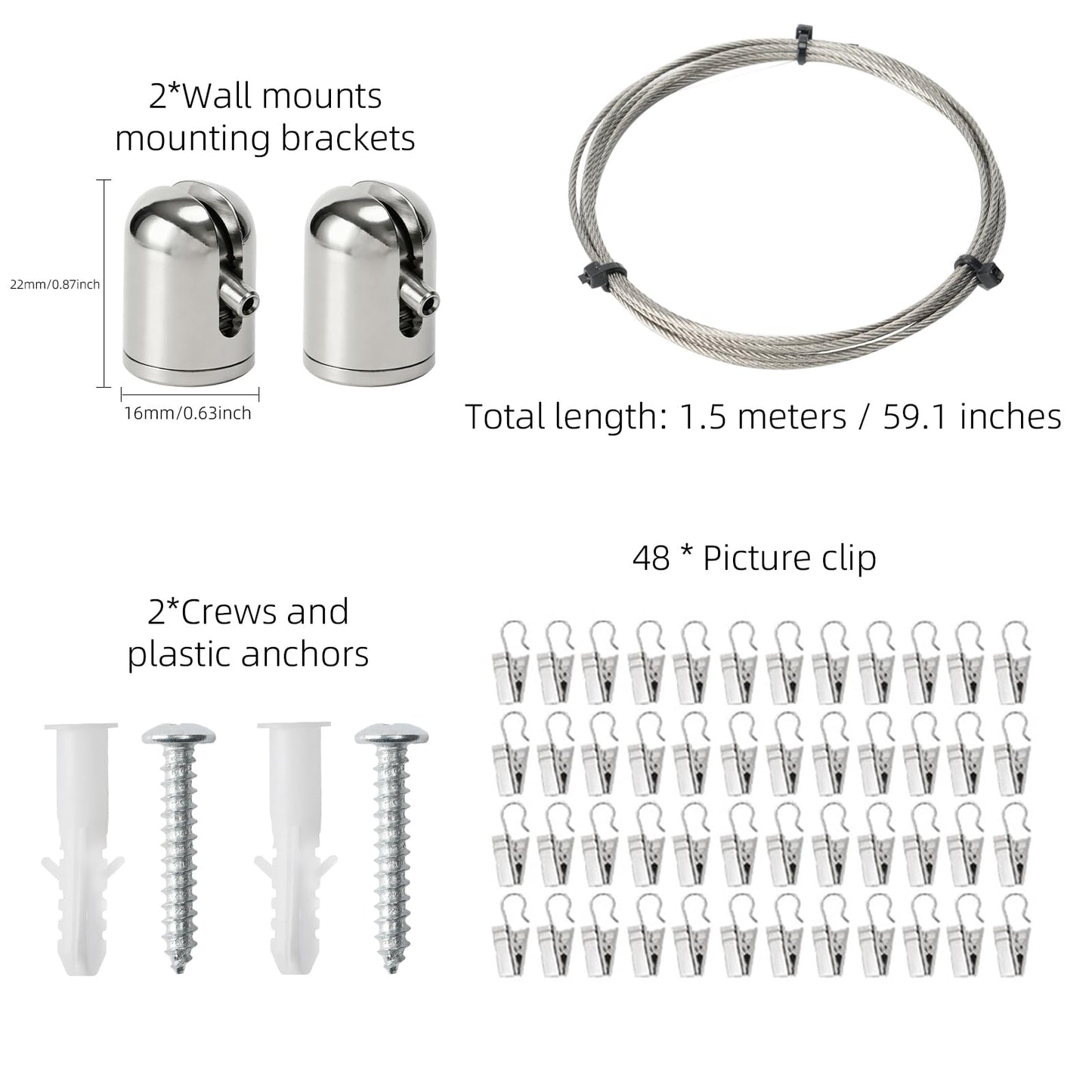 Art Display for Kids Artwork, 5ft Picture Hanging Wire Kit with 48 Clips for Kids Art Artwork Display, Photo, Wall Hanging Room Bedroom Decor