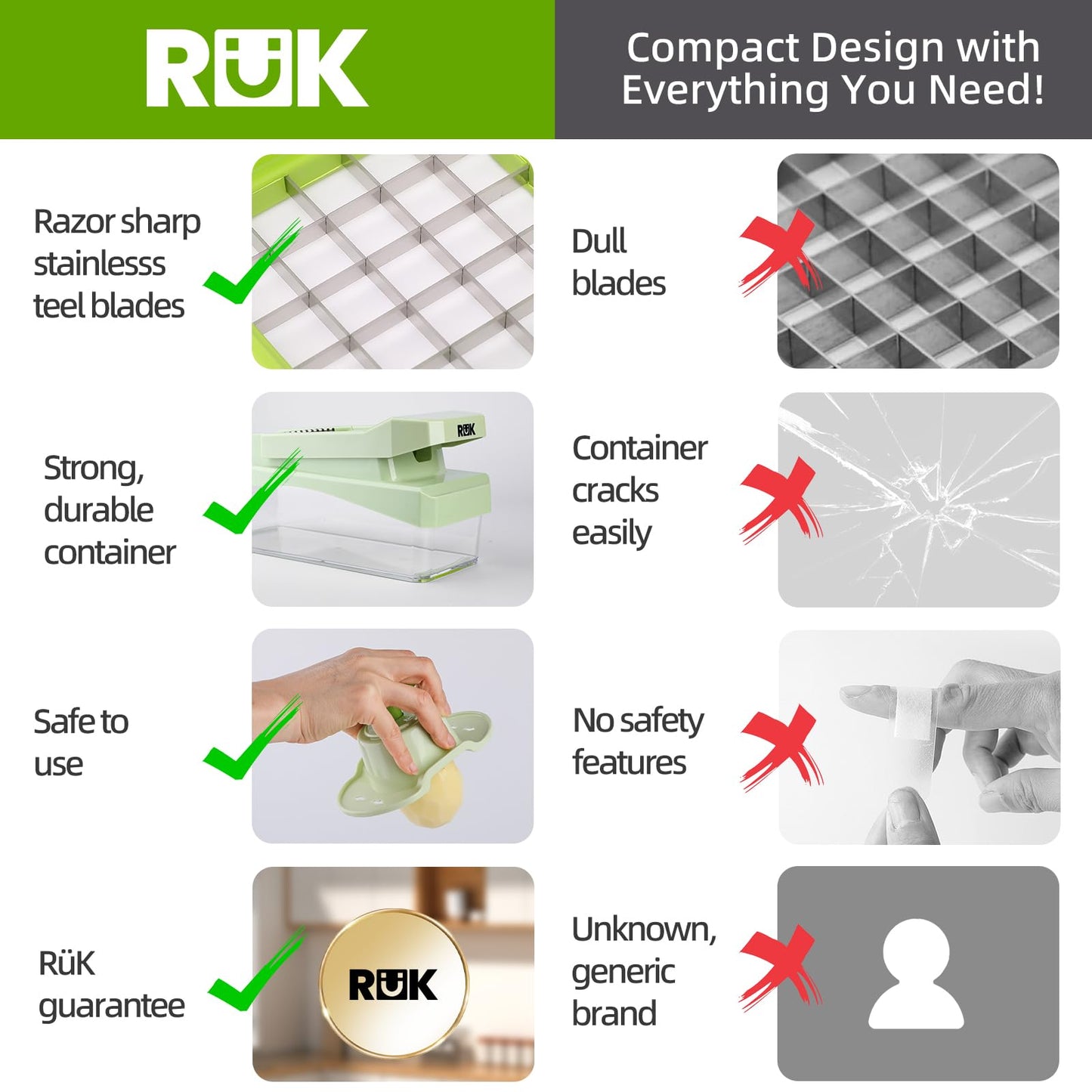 RüK 10-in-1 Vegetable Chopper – 6 Blade Veggie Chopper with Container, Food Dicer, Onion Cutter, Cheese Grater, Mandoline Slicer, Kitchen Gadgets & Home Essentials (Green)