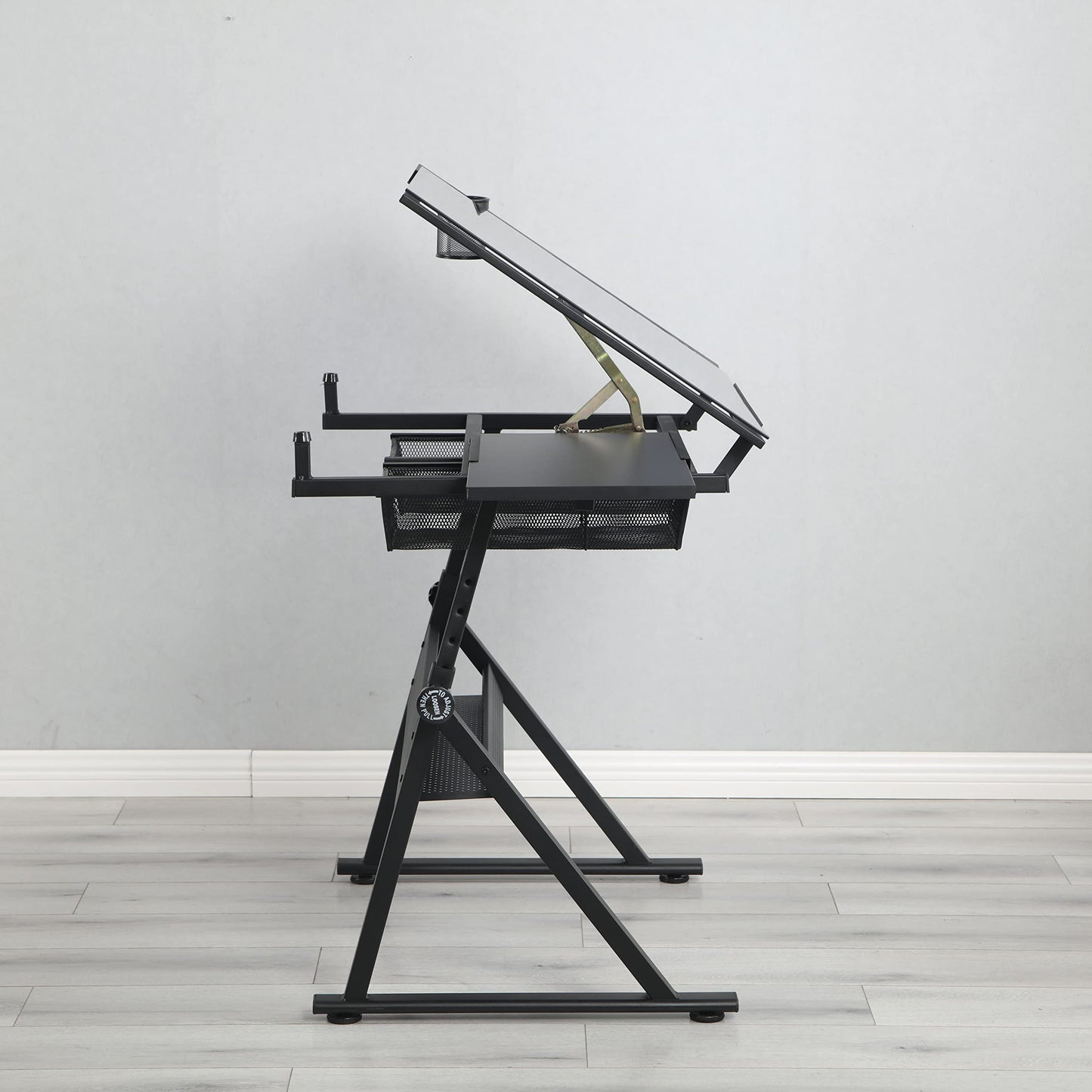 GOWE Black Adjustable Tempered Glass Drafting Printing Table with Chair