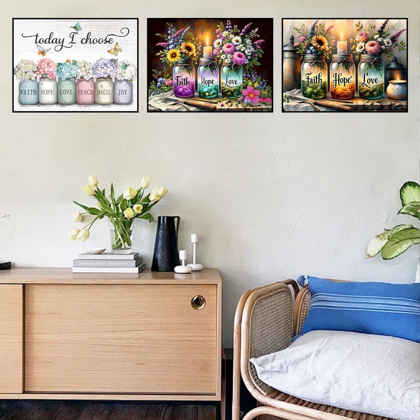 HHMATITS 3 Pack Inspirational Diamond Art Kits for Adults - Faith, Hope, Love Wishing Bottle Diamond Painting Kits for Beginners, DIY Full Drill Round Diamond Painting for Home Wall Decor 16x12Inch