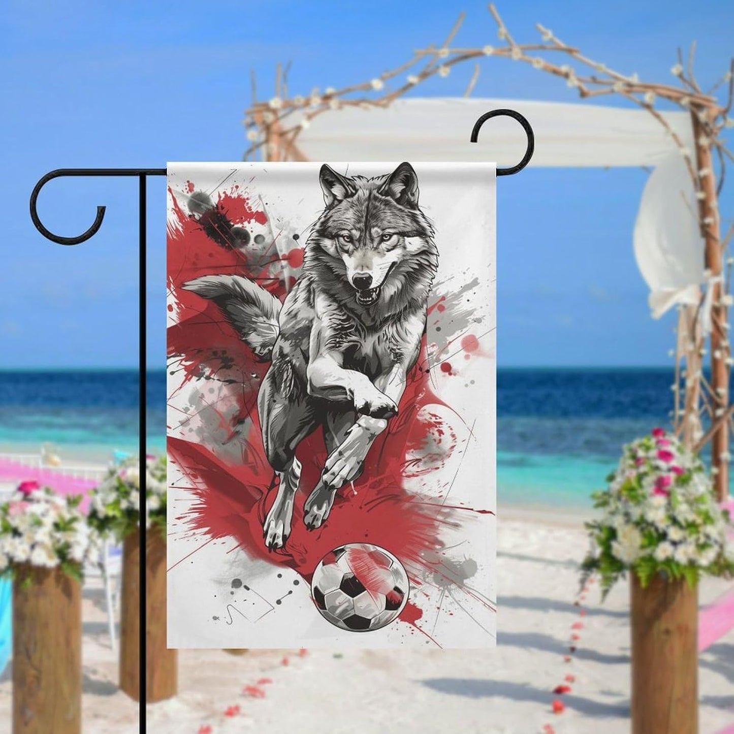 Wolf Playing Soccer Garden Flag Silver and Black Double Sided 12x18 Inches for Holiday Decoration Home Decor
