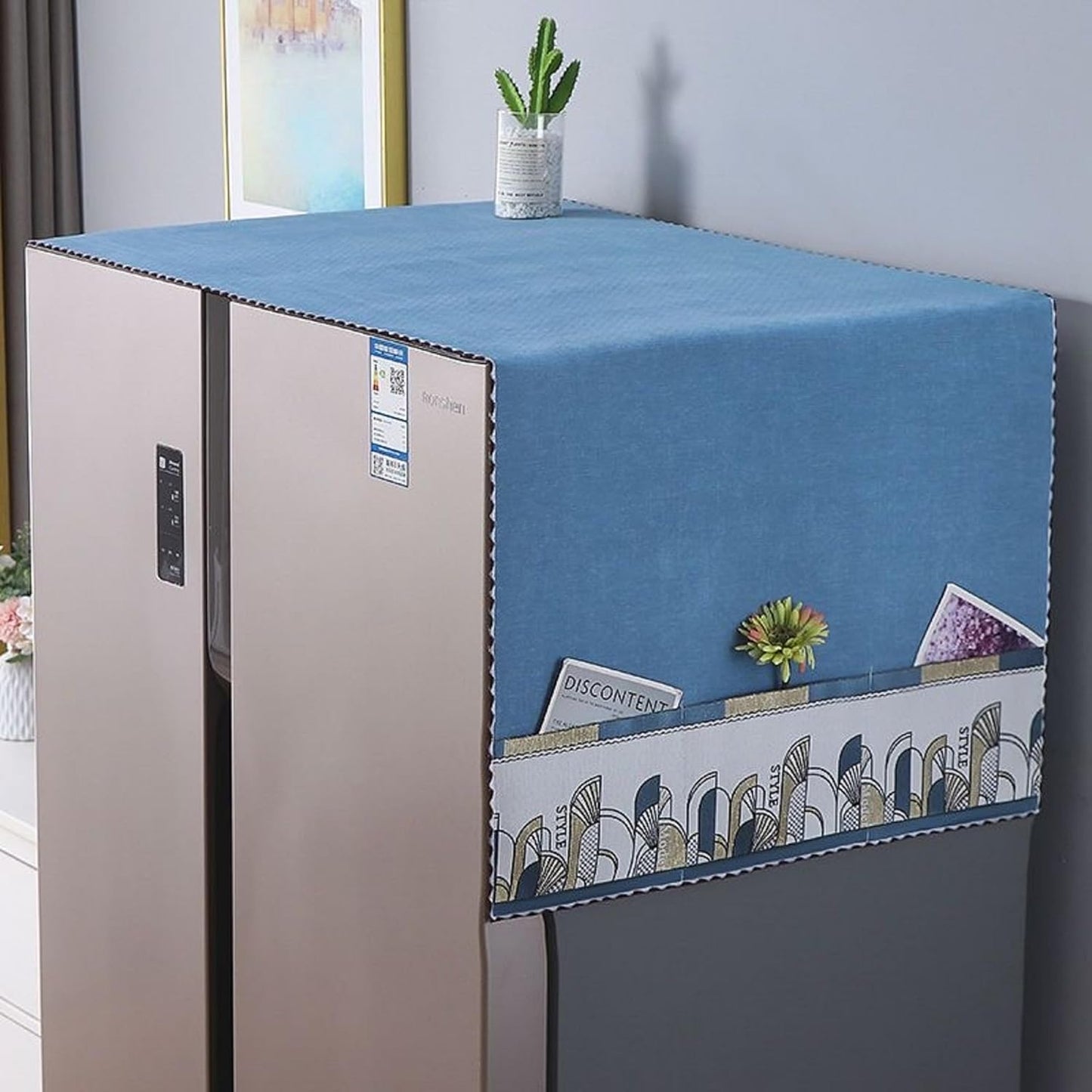Fridge Dust Cover with Storage Pockets, Anti-Slip Washer and Dryer Top Cover - Blue