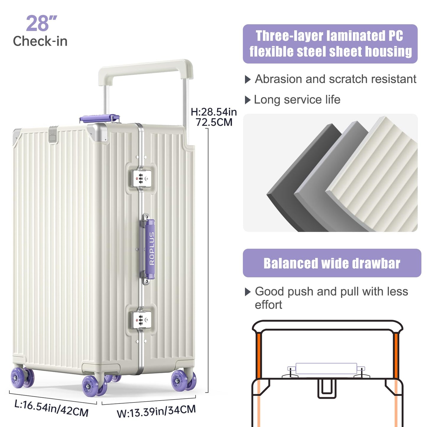 ROPLUS Aluminium Frame Checked-Luggage with Smooth Jelly Wheels, Hardside Zipperless Rolling Suitcase with TSA Lock (WhitePurple, 28-Inch)